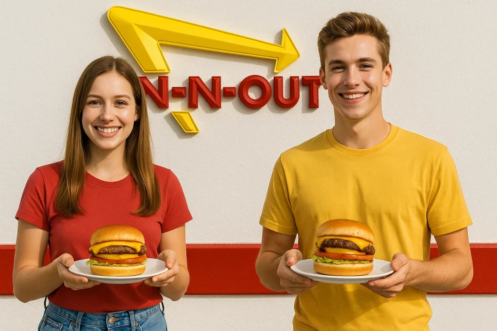 A smiling man and woman standing together in front of a red and white burger restaurant, each holding a plate with a cheeseburger, fries, and a drink, representing a cheerful fast food dining experience.