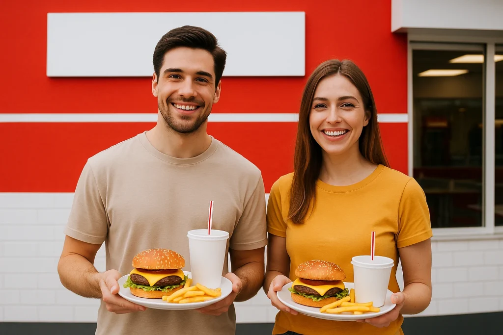 A smiling man and woman standing outside a red and white burger restaurant, each holding a plate with a cheeseburger, fries, and a drink, creating a bright and cheerful fast food brand atmosphere.